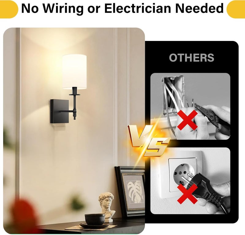 Bosceos 14.5 Inch Black Battery Operated Wall Sconces Set of 2, Rechargeable Wireless Wall Lights with Remote & White Fabric Shade, Indoor Not Hardwired Dimmable Wall Lamps for Bedroom, 2 Bulbs Included - Image 2